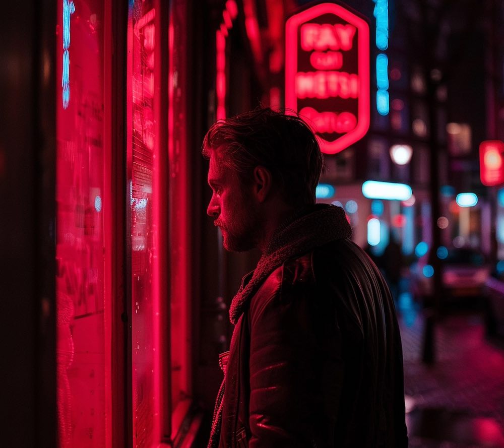 a male tourist looking into a red-lit window in AMSTERDAM RED LIGHT district at night