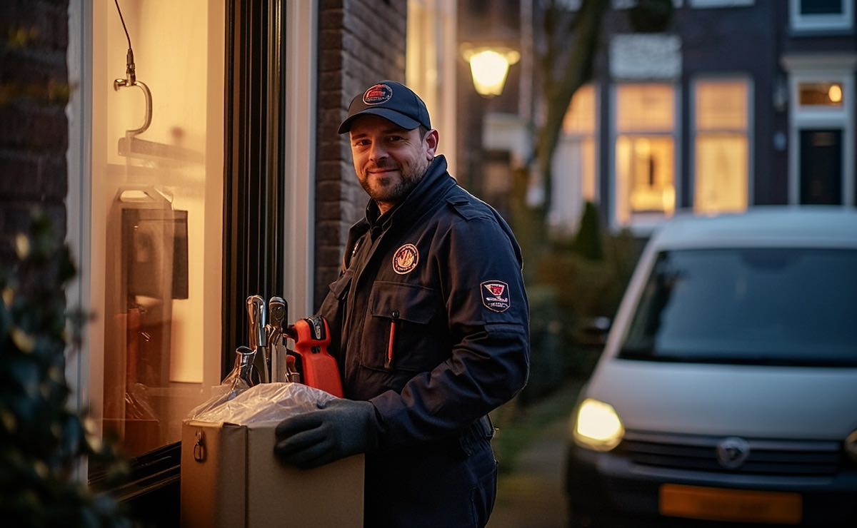 An locksmith in Amsterdam arriving at a residential door during evening hours. The locksmith, a professional in uniform, holds specialized locksmith tools and is standing near a marked service van with a company logo. The setting includes a cozy Amsterdam-style home with typical Dutch architecture: large windows, brick façade. The scene should look calm, reassuring, and professional, with soft lighting emphasizing trust and reliability. --